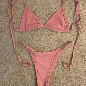 ZAFUL Ribbed Tie String Bikini Swimsuit - Pig Pink